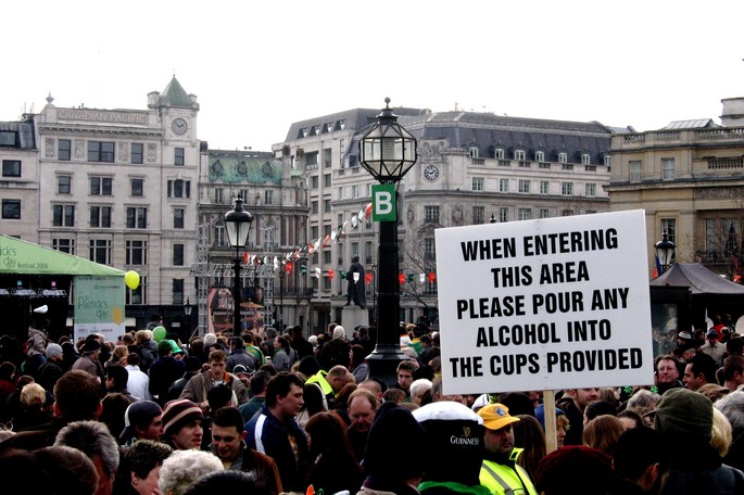 2006-03-12 - United Kingdom - England - London - St Patrick's Day - Trafalgar Square - When Entering This Area Please Pour Any Alcohol Into The Cups Provided, Yeah Right